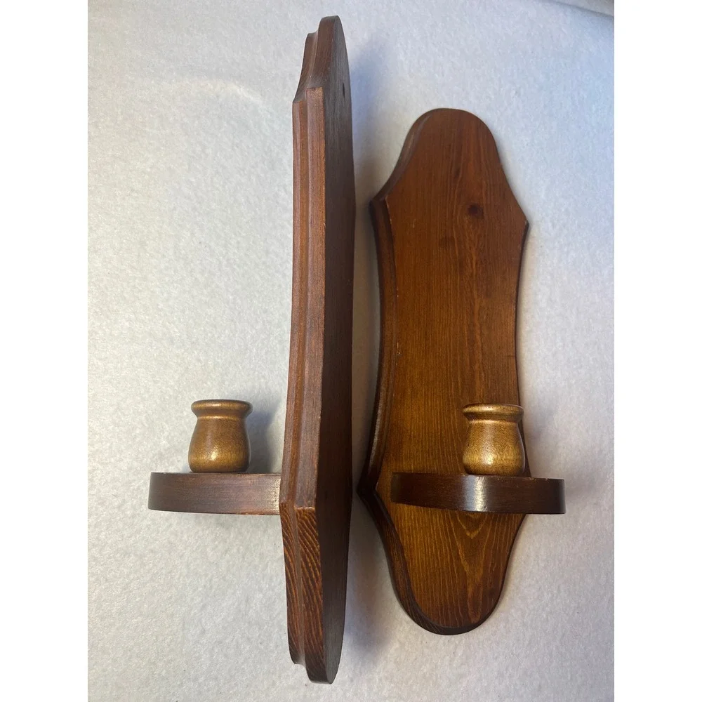 Wood Wall Sconce Pair Vintage Brown Colonial Candle Holder Set MCM Cottagecore